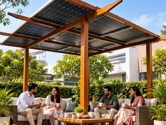 Concept image of a solar gazebo with seating in a garden