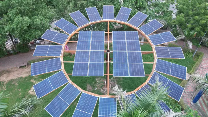 Drone view of an Imagine Powertree Solar Tree in a public garden