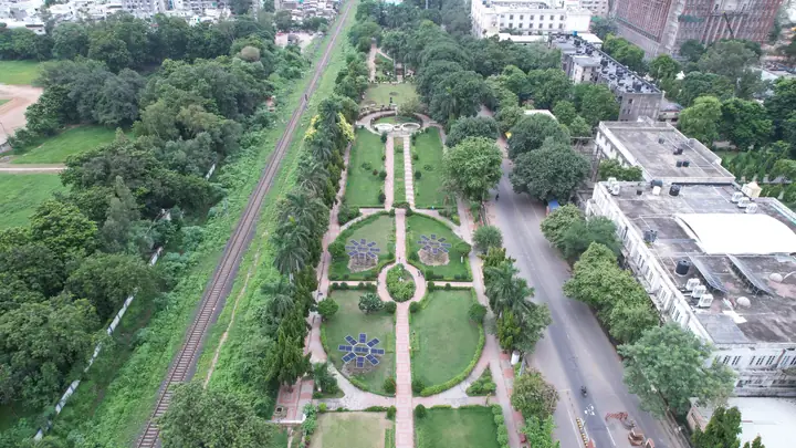 Aerial view of a city garden with a Solar Tree at its centre